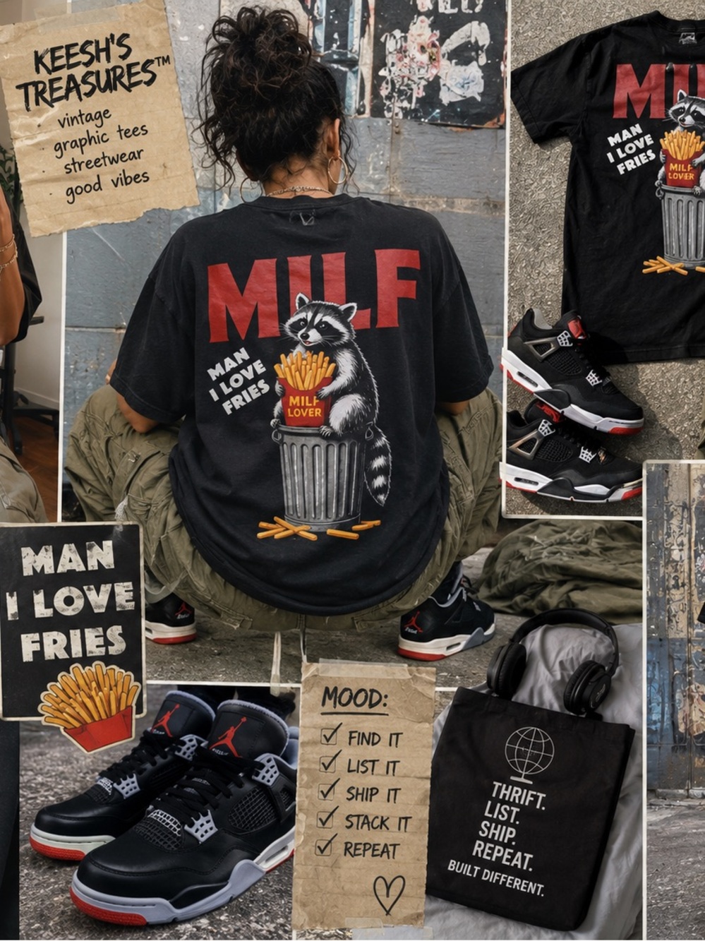 MILF Man I Love Fries Graphic T Shirt XL Black Raccoon Meme Funny Streetwear Tee
